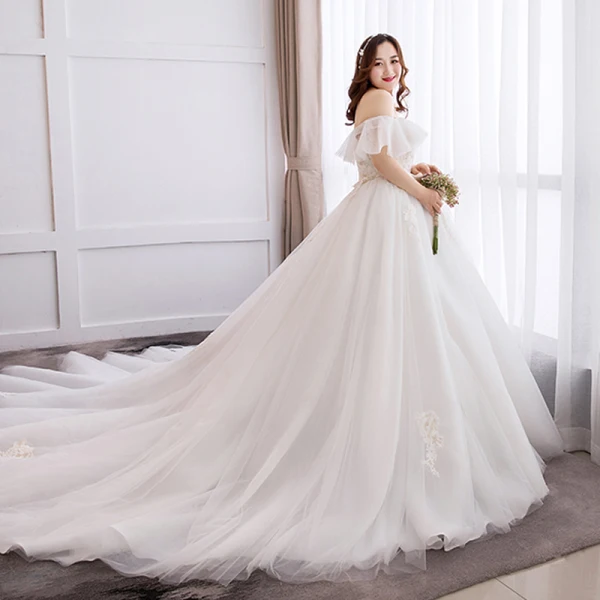 Mooie / Prachtige Witte Baljurk Trouwjurken 2019 Kanten Tule Appliques Ruglooze Geborduurde Chapel Train Strapless Huwelijk