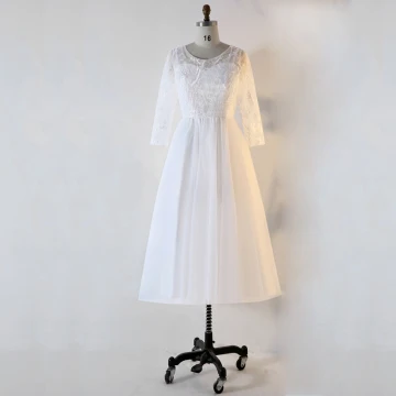 Chic Beautiful White Plus Size Evening Dresses 2020 Lace U Neck Handmade Beading Sequins Embroidered Stripe Tea Length Evening Party Summer Long Sleeve A Line Princess Formal Dresses