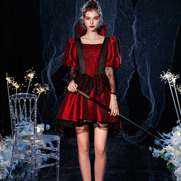 Vintage / Retro Medieval Gothic Red Black Short Prom Dresses 2021 A-Line / Princess Square Neckline 3/4 Sleeve Zipper Up Lace Tulle Prom Formal Dresses
