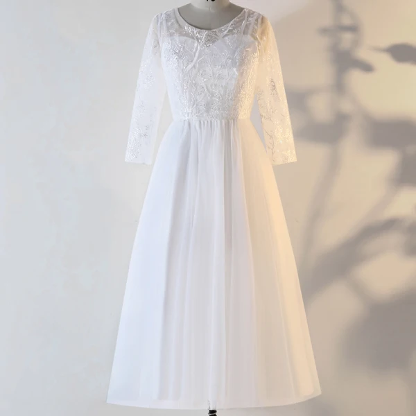 Chic / Belle Blanche Grande Taille Robe De Soirée 2020 Dentelle U-Cou Fait main Perlage Paillettes Brodé Bande Thé Longueur Soirée Été Manches Longues Princesse Robe De Ceremonie