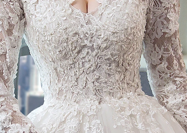 Elegant Ivory Wedding Dresses 2017 A-Line / Princess V-Neck Long Sleeve Backless Appliques Lace Beading Pearl