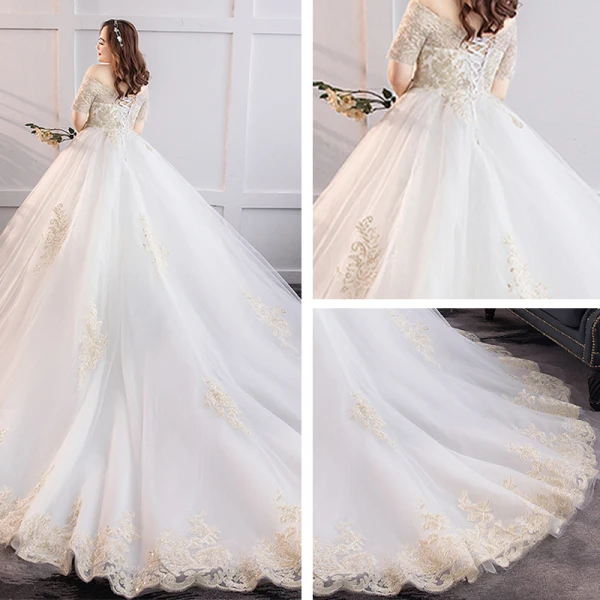Unique Blanche Grande Taille Robe De Mariée 2019 Princesse Chapel Train En Dentelle Manches Courtes Appliques Bustier Dos Nu Église Mariage