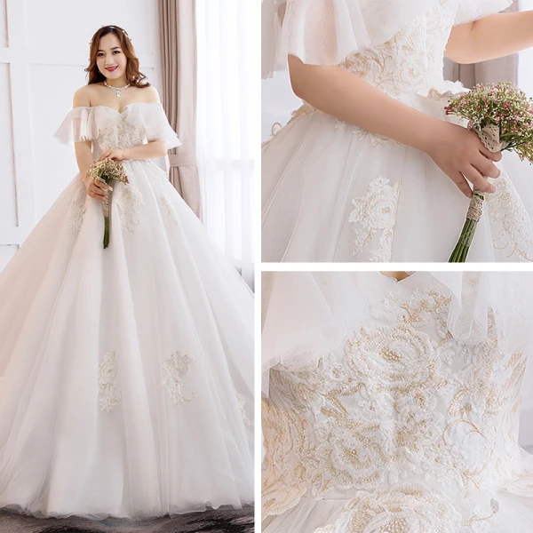 Mooie / Prachtige Witte Baljurk Trouwjurken 2019 Kanten Tule Appliques Ruglooze Geborduurde Chapel Train Strapless Huwelijk