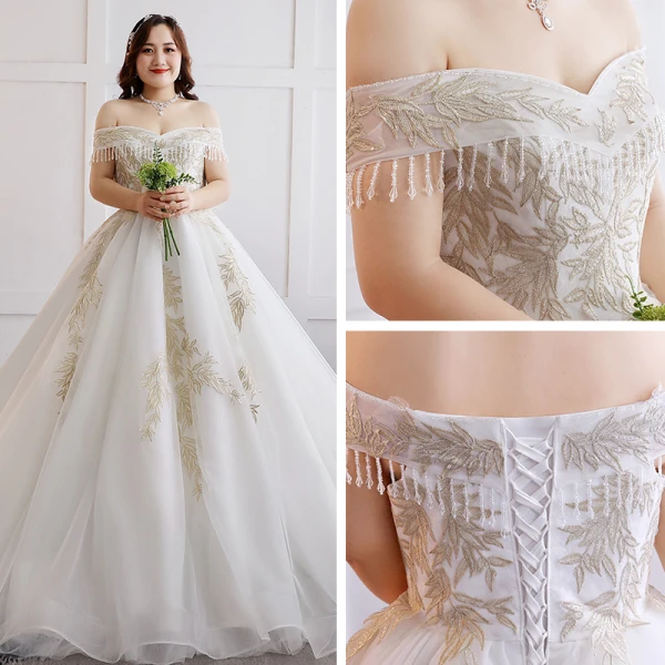 Glamourös Weiß Hochzeit Applikationen Rückenfreies Perlenstickerei Stickerei Spitze Tülle Bandeau Ballkleid Kapelle-Schleppe Übergröße Brautkleider / Hochzeitskleider 2019