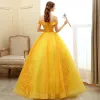 Chic / Beautiful Gold Prom Dresses 2020 Ball Gown Off-The-Shoulder Short Sleeve Appliques Lace Pearl Floor-Length / Long Ruffle Backless Formal Dresses