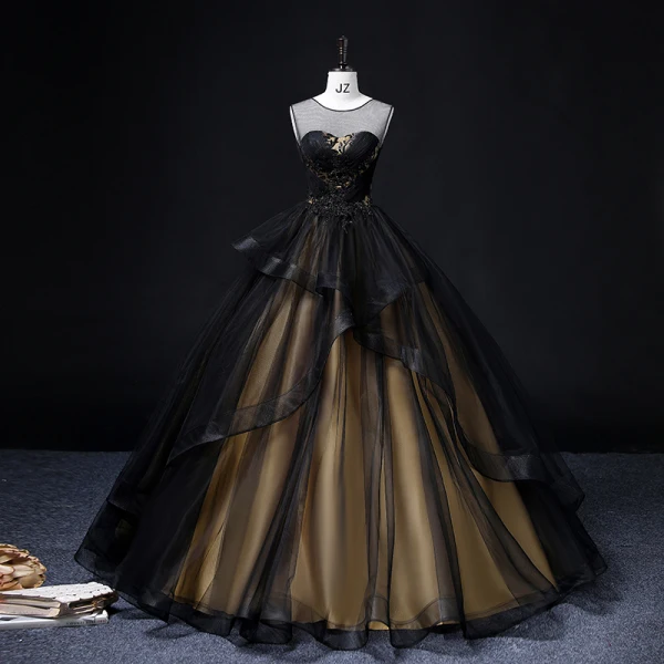 Chic / Beautiful Black Beading Lace Flower Prom Dresses 2022 Ball Gown Scoop Neck Sleeveless Backless Cascading Ruffles Floor-Length / Long Formal Dresses