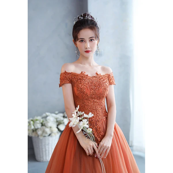 Chic / Beautiful Orange Lace Flower Prom Dresses 2022 A-Line / Princess Off-The-Shoulder Short Sleeve Backless Floor-Length / Long Formal Dresses