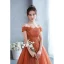 Chic / Beautiful Orange Lace Flower Prom Dresses 2022 A-Line / Princess Off-The-Shoulder Short Sleeve Backless Floor-Length / Long Formal Dresses