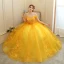 Chic / Beautiful Gold Prom Dresses 2020 Ball Gown Off-The-Shoulder Short Sleeve Appliques Lace Pearl Floor-Length / Long Ruffle Backless Formal Dresses