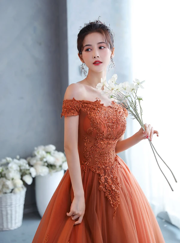 orange lace formal dress Burnt Orange Lace Tulle Prom Dress 2023 Fairy 8 / Custom Color
