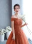 Chic / Beautiful Orange Lace Flower Prom Dresses 2022 A-Line / Princess Off-The-Shoulder Short Sleeve Backless Floor-Length / Long Formal Dresses