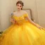 Chic / Beautiful Gold Prom Dresses 2020 Ball Gown Off-The-Shoulder Short Sleeve Appliques Lace Pearl Floor-Length / Long Ruffle Backless Formal Dresses
