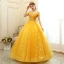Chic / Beautiful Gold Prom Dresses 2020 Ball Gown Off-The-Shoulder Short Sleeve Appliques Lace Pearl Floor-Length / Long Ruffle Backless Formal Dresses