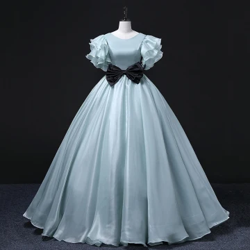 Mode Vert Citron Robe De Bal 2022 Robe Boule Encolure Dégagée Volants Manches Courtes Dos Nu Noeud Ceinture Longue Promo Robe De Ceremonie