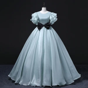 Mode Vert Citron Robe De Bal 2022 Robe Boule Encolure Dégagée Volants Manches Courtes Dos Nu Noeud Ceinture Longue Promo Robe De Ceremonie