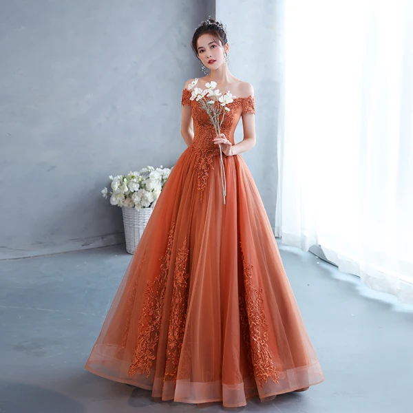 Chic Beautiful Orange Lace Flower Prom Dresses 2022 A-Line Princess Off-The-Shoulder