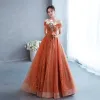 Chic / Beautiful Orange Lace Flower Prom Dresses 2022 A-Line / Princess Off-The-Shoulder Short Sleeve Backless Floor-Length / Long Formal Dresses