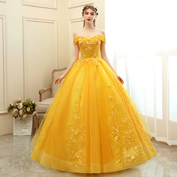 Chic / Beautiful Gold Prom Dresses 2020 Ball Gown Off-The-Shoulder Short Sleeve Appliques Lace Pearl Floor-Length / Long Ruffle Backless Formal Dresses