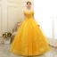 Chic / Beautiful Gold Prom Dresses 2020 Ball Gown Off-The-Shoulder Short Sleeve Appliques Lace Pearl Floor-Length / Long Ruffle Backless Formal Dresses