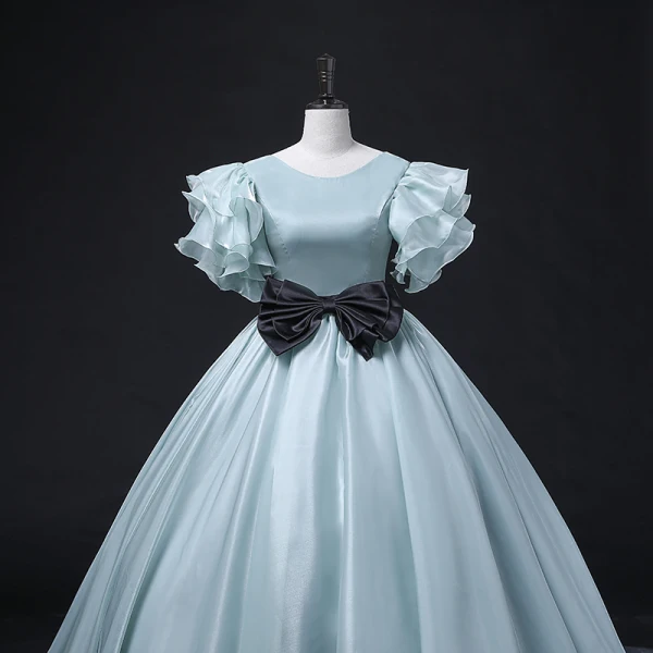 Mode Vert Citron Robe De Bal 2022 Robe Boule Encolure Dégagée Volants Manches Courtes Dos Nu Noeud Ceinture Longue Promo Robe De Ceremonie