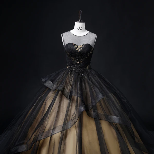 Chic / Beautiful Black Beading Lace Flower Prom Dresses 2022 Ball Gown Scoop Neck Sleeveless Backless Cascading Ruffles Floor-Length / Long Formal Dresses