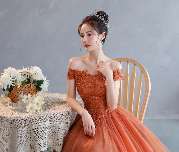Chic / Beautiful Orange Lace Flower Prom Dresses 2022 A-Line / Princess Off-The-Shoulder Short Sleeve Backless Floor-Length / Long Formal Dresses