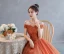 Chic / Beautiful Orange Lace Flower Prom Dresses 2022 A-Line / Princess Off-The-Shoulder Short Sleeve Backless Floor-Length / Long Formal Dresses