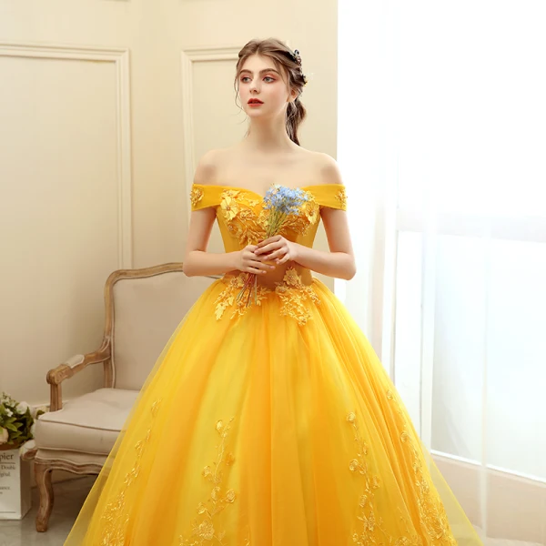 Chic / Beautiful Gold Prom Dresses 2020 Ball Gown Off-The-Shoulder Short Sleeve Appliques Lace Pearl Floor-Length / Long Ruffle Backless Formal Dresses