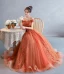 Chic / Beautiful Orange Lace Flower Prom Dresses 2022 A-Line / Princess Off-The-Shoulder Short Sleeve Backless Floor-Length / Long Formal Dresses