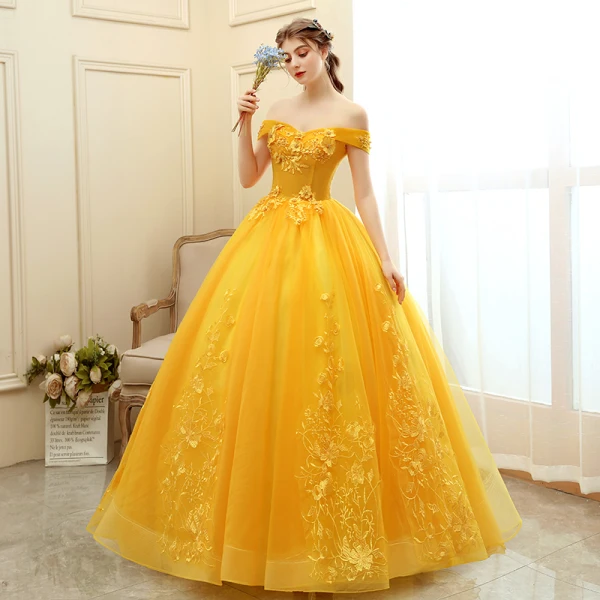 Chic / Beautiful Gold Prom Dresses 2020 Ball Gown Off-The-Shoulder Short Sleeve Appliques Lace Pearl Floor-Length / Long Ruffle Backless Formal Dresses