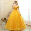 Chic / Beautiful Gold Prom Dresses 2020 Ball Gown Off-The-Shoulder Short Sleeve Appliques Lace Pearl Floor-Length / Long Ruffle Backless Formal Dresses