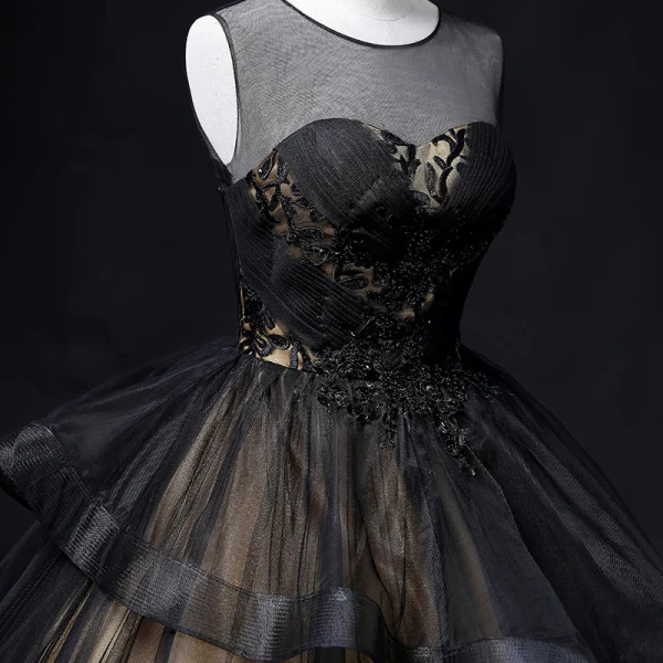 Chic / Beautiful Black Beading Lace Flower Prom Dresses 2022 Ball Gown Scoop Neck Sleeveless Backless Cascading Ruffles Floor-Length / Long Formal Dresses