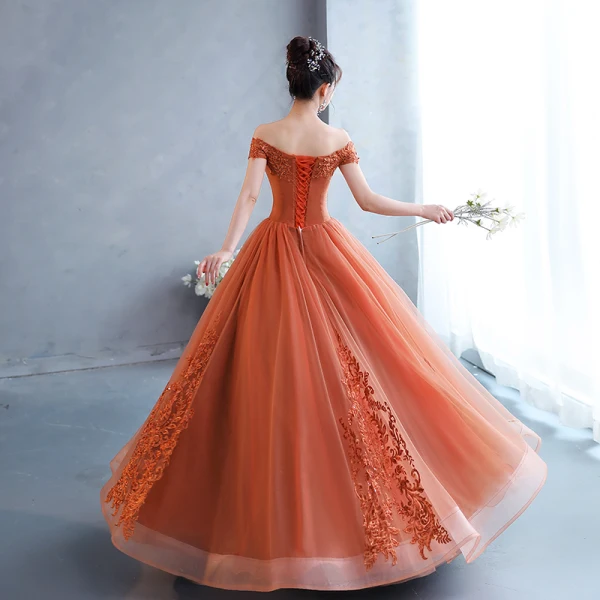 Chic / Beautiful Orange Lace Flower Prom Dresses 2022 A-Line / Princess Off-The-Shoulder Short Sleeve Backless Floor-Length / Long Formal Dresses