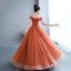 Chic / Beautiful Orange Lace Flower Prom Dresses 2022 A-Line / Princess Off-The-Shoulder Short Sleeve Backless Floor-Length / Long Formal Dresses