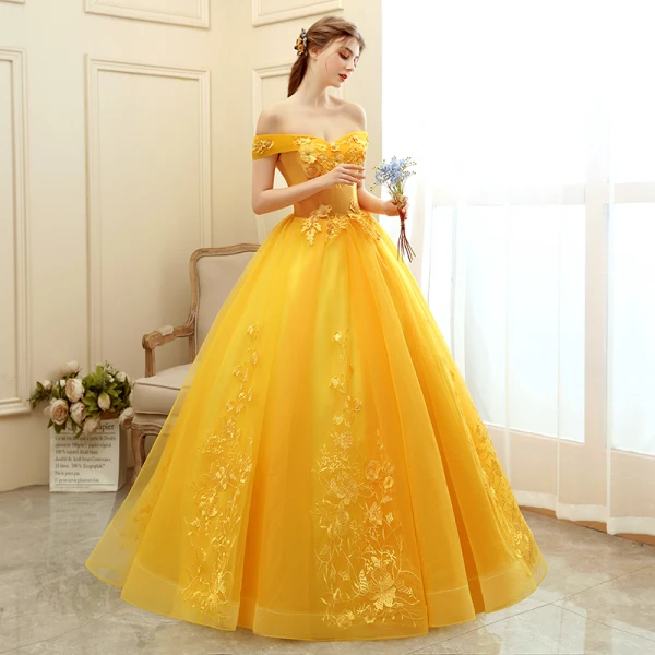 Chic / Beautiful Gold Prom Dresses 2020 Ball Gown Off-The-Shoulder Short Sleeve Appliques Lace Pearl Floor-Length / Long Ruffle Backless Formal Dresses