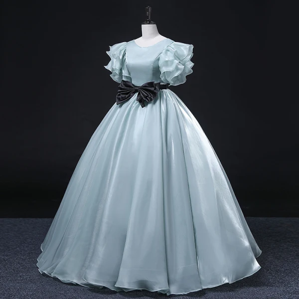 Mode Vert Citron Robe De Bal 2022 Robe Boule Encolure Dégagée Volants Manches Courtes Dos Nu Noeud Ceinture Longue Promo Robe De Ceremonie