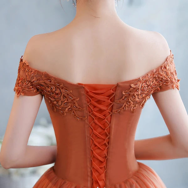 Chic / Beautiful Orange Lace Flower Prom Dresses 2022 A-Line / Princess Off-The-Shoulder Short Sleeve Backless Floor-Length / Long Formal Dresses