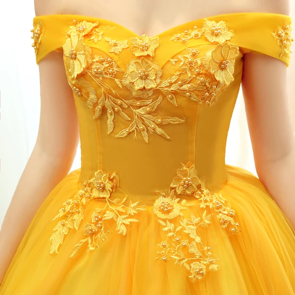 Chic / Beautiful Gold Prom Dresses 2020 Ball Gown Off-The-Shoulder Short Sleeve Appliques Lace Pearl Floor-Length / Long Ruffle Backless Formal Dresses