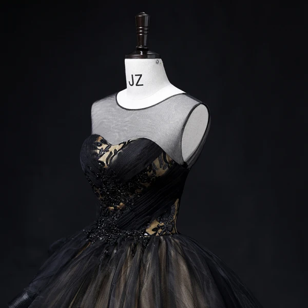 Chic / Beautiful Black Beading Lace Flower Prom Dresses 2022 Ball Gown Scoop Neck Sleeveless Backless Cascading Ruffles Floor-Length / Long Formal Dresses