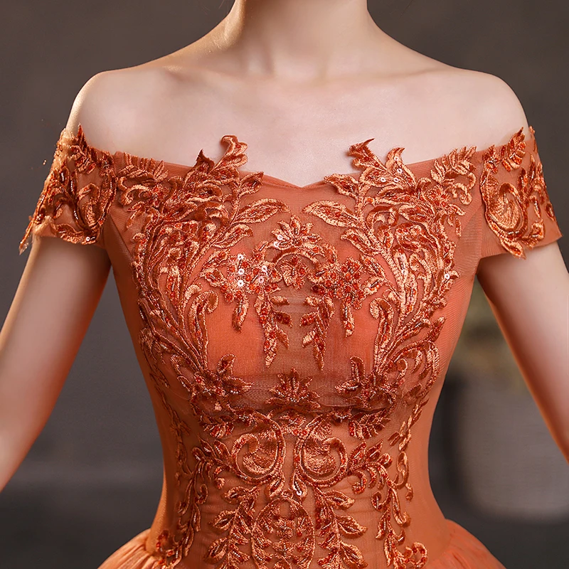 Chic Beautiful Orange Lace Flower Prom Dresses 2022 A-Line Princess Off-The-Shoulder Chic Beautiful Orange Lace Flower Prom Dresses 2022 A-Line Princess Off-The-Shoulder