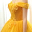 Chic / Beautiful Gold Prom Dresses 2020 Ball Gown Off-The-Shoulder Short Sleeve Appliques Lace Pearl Floor-Length / Long Ruffle Backless Formal Dresses