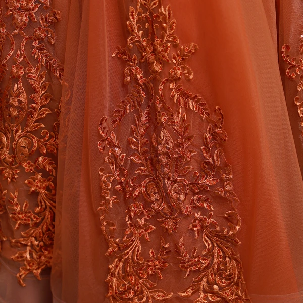 Chic / Beautiful Orange Lace Flower Prom Dresses 2022 A-Line / Princess Off-The-Shoulder Short Sleeve Backless Floor-Length / Long Formal Dresses