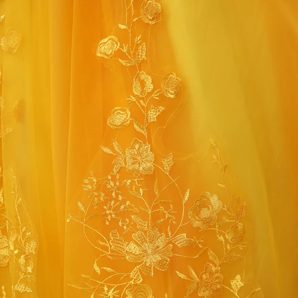 Chic / Beautiful Gold Prom Dresses 2020 Ball Gown Off-The-Shoulder Short Sleeve Appliques Lace Pearl Floor-Length / Long Ruffle Backless Formal Dresses