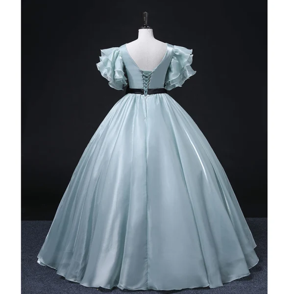 Mode Vert Citron Robe De Bal 2022 Robe Boule Encolure Dégagée Volants Manches Courtes Dos Nu Noeud Ceinture Longue Promo Robe De Ceremonie