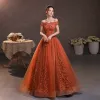 Chic / Beautiful Orange Lace Flower Prom Dresses 2022 A-Line / Princess Off-The-Shoulder Short Sleeve Backless Floor-Length / Long Formal Dresses