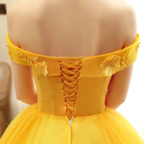 Chic / Beautiful Gold Prom Dresses 2020 Ball Gown Off-The-Shoulder Short Sleeve Appliques Lace Pearl Floor-Length / Long Ruffle Backless Formal Dresses