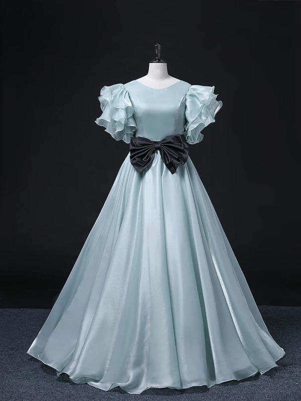 Mode Vert Citron Robe De Bal 2022 Robe Boule Encolure Dégagée Volants Manches Courtes Dos Nu Noeud Ceinture Longue Promo Robe De Ceremonie