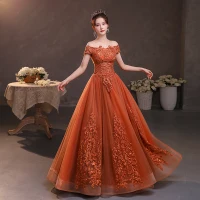 Hermoso Naranja Con Encaje Flor Vestidos de gala 2022 A-Line / Princess Fuera Del Hombro Manga Corta Sin Espalda Largos Vestidos Formales