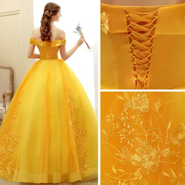 Chic / Beautiful Gold Prom Dresses 2020 Ball Gown Off-The-Shoulder Short Sleeve Appliques Lace Pearl Floor-Length / Long Ruffle Backless Formal Dresses