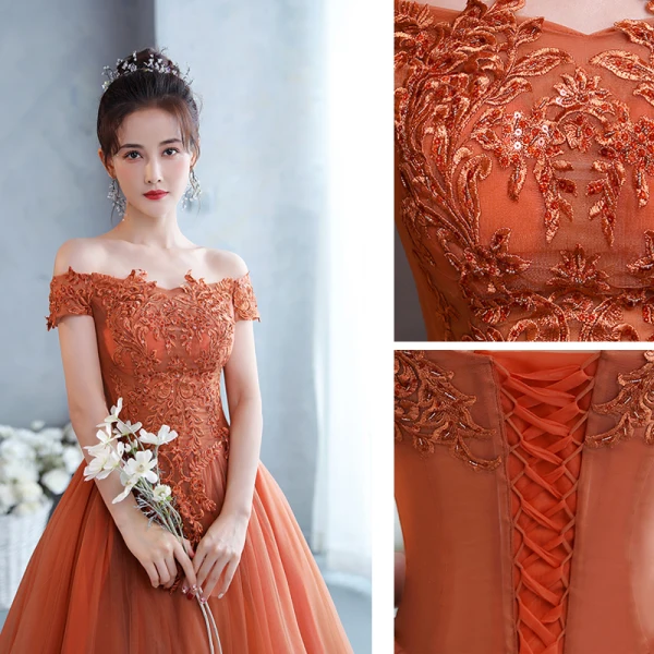 Chic / Beautiful Orange Lace Flower Prom Dresses 2022 A-Line / Princess Off-The-Shoulder Short Sleeve Backless Floor-Length / Long Formal Dresses